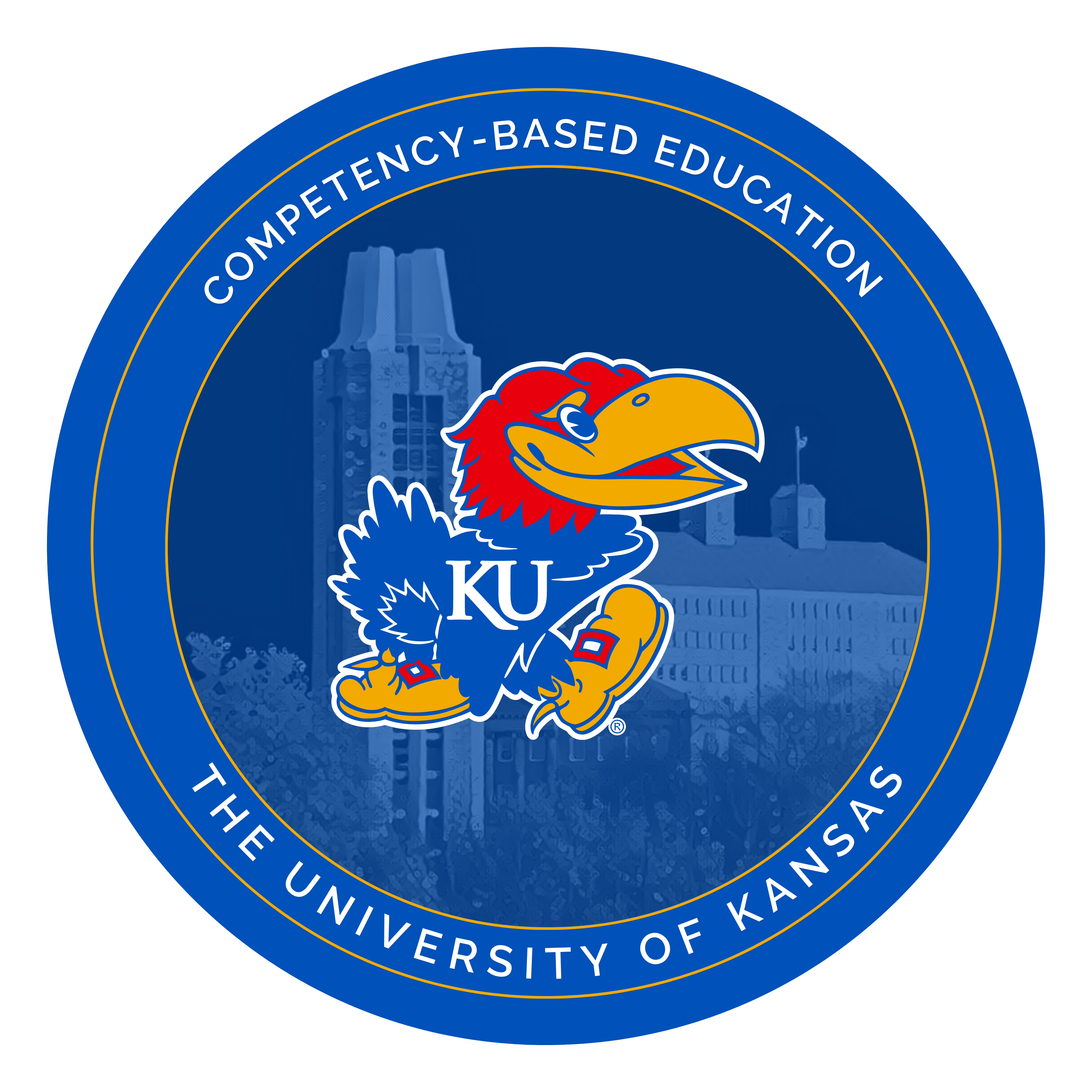 A seal featuring the Kansas Jayhawk centered over a blue-masked skyline of KU campus buildings. Wrapped around the seal is text reading, Competency-Based Education, The University of Kansas
